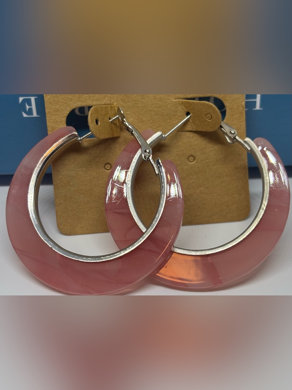 Pink Acrylic Hoop Earrings with Silver-Tone Accents